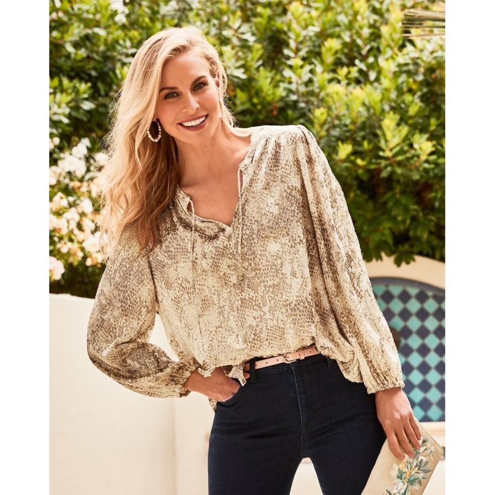 Tommy Bahama Snakeskin Blouse V-Neck Long Sleeve‎ Top, Size S